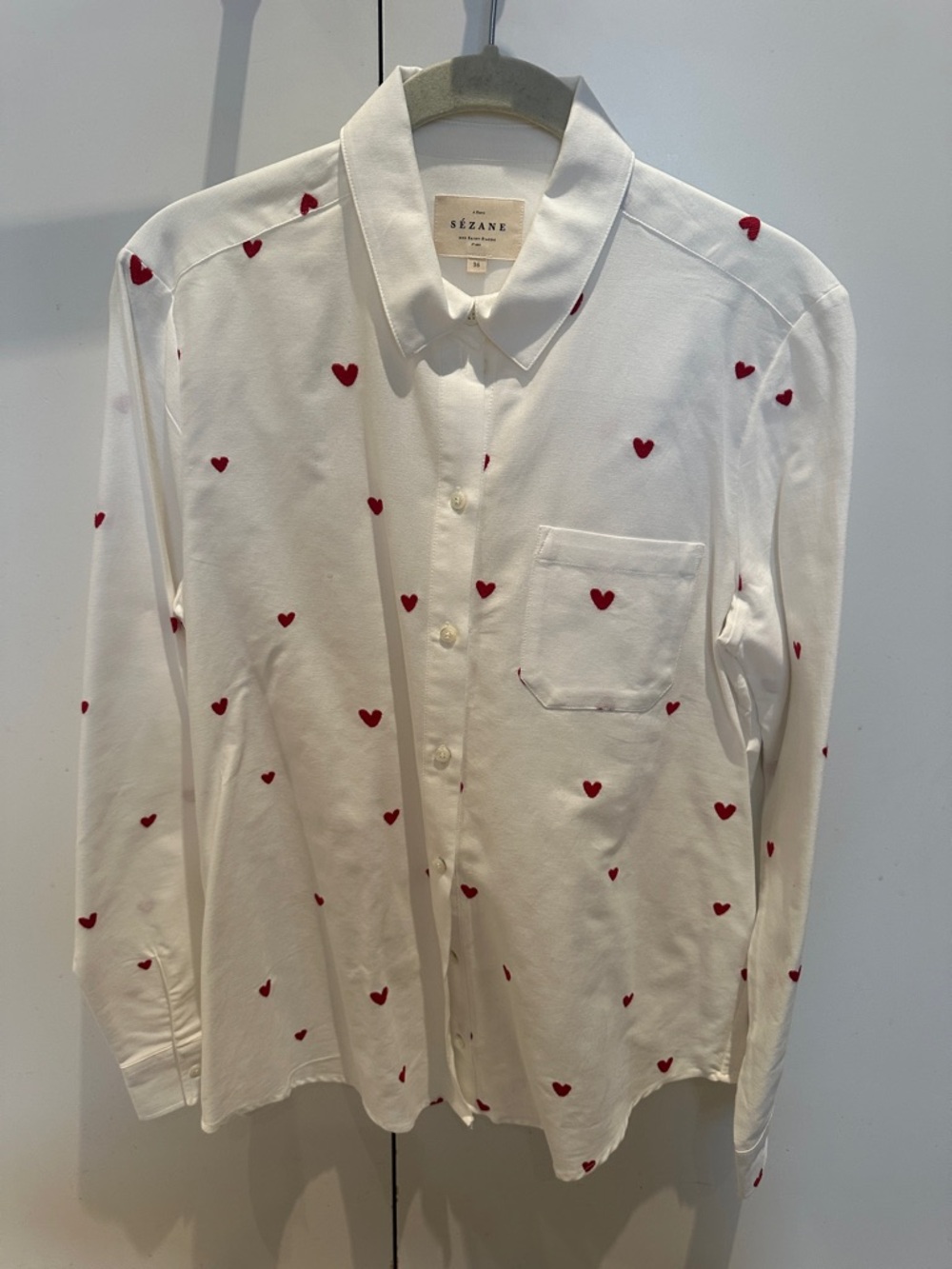 Sezane White Button-Down Shirt with Red Heart Print